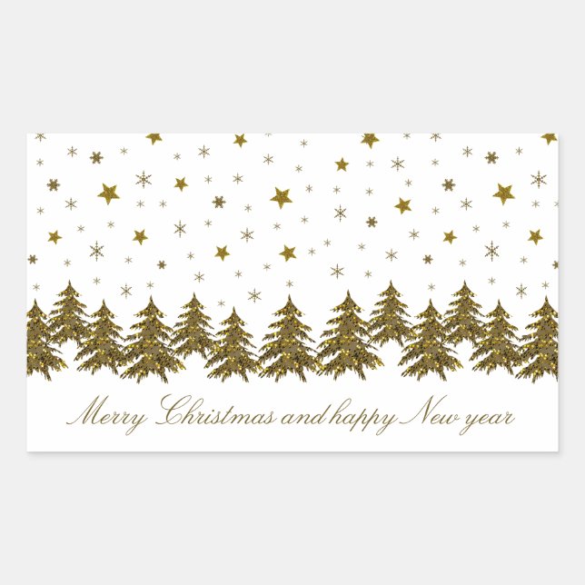 Pegatina Rectangular Oro espumoso árbol de Navidad, luna, estrellas (Anverso)