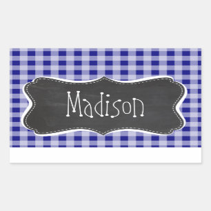 Pegatina Rectangular Oscuro Blue Gingham; aspecto de Vintage Chalkboard