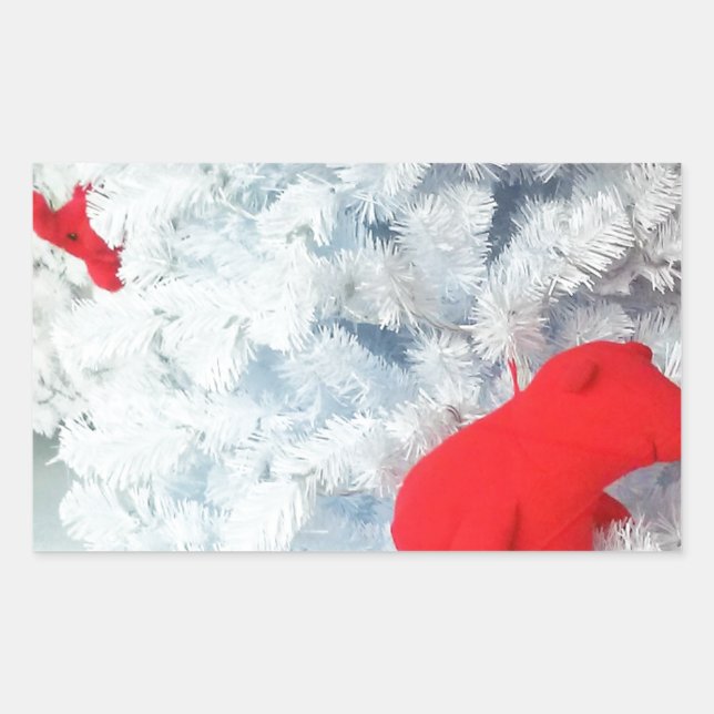 Pegatina Rectangular Oso de peluche rojo en árbol de Navidad (Anverso)