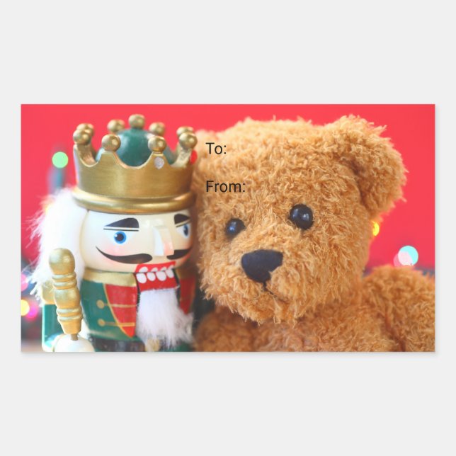 Pegatina Rectangular Oso de peluche y cazador de nueces (Anverso)