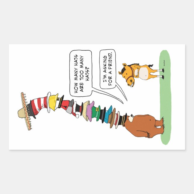 Pegatina Rectangular Oso Gracioso Con Muchos Gorras (Anverso)