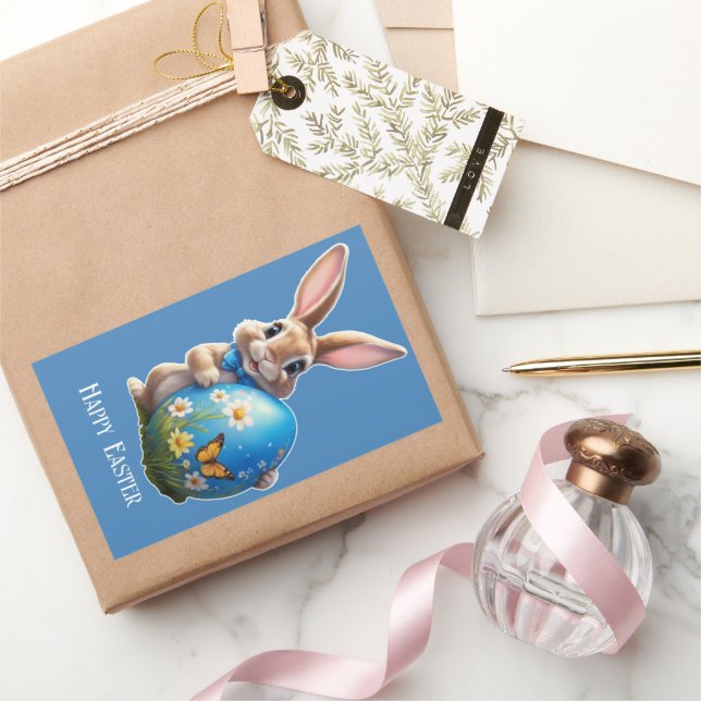 Pegatina Rectangular Osterhase mit blauer Schleife -  (Regalar)