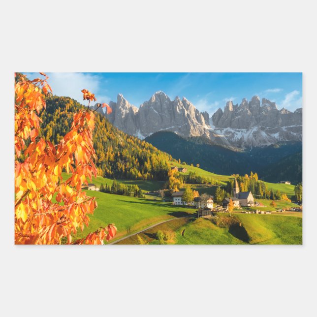 Pegatina Rectangular Otoño en un paisaje Dolomita con iglesia (Anverso)