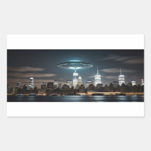 Pegatina Rectangular OVNI sobre la ciudad