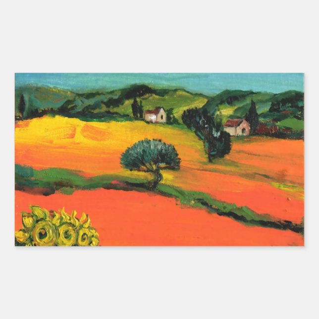 PEGATINA RECTANGULAR PAISAJE DE TOSCANA CON GIRASOLES (Anverso)