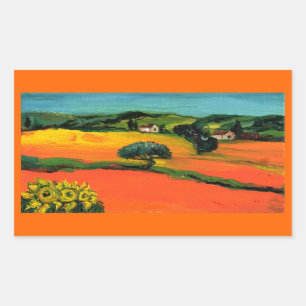 PEGATINA RECTANGULAR PAISAJE DE TOSCANA CON GIRASOLES