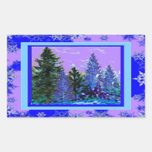 PEGATINA RECTANGULAR PAISAJE FORESTAL LILAC-AZUL Y ARTE DE SNOWFLAKES