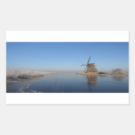 Pegatina Rectangular Paisaje invernal con molino de viento y hielo