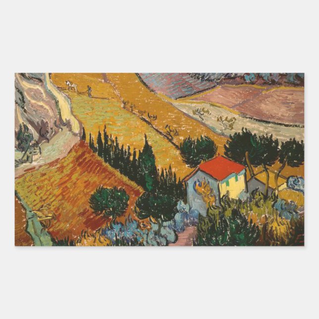 Pegatina Rectangular Paisaje Van Gogh con Casa y Flores (Anverso)