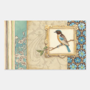 Pegatina Rectangular Pájaro marrón y azul en una rama mirando hacia arr