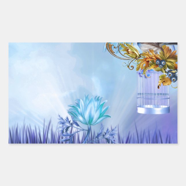 Pegatina Rectangular Pájaros Azules Estanque Azul Pájaros (Anverso)