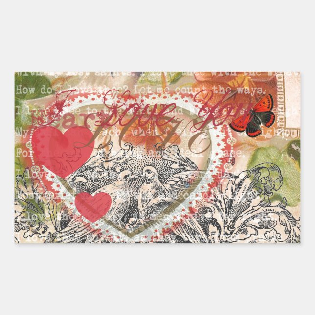 Pegatina Rectangular Pájaros del Corazón Arte Collage Rojo Amor (Anverso)