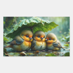 Pegatina Rectangular Pájaros esponjosos lindos en la lluvia
