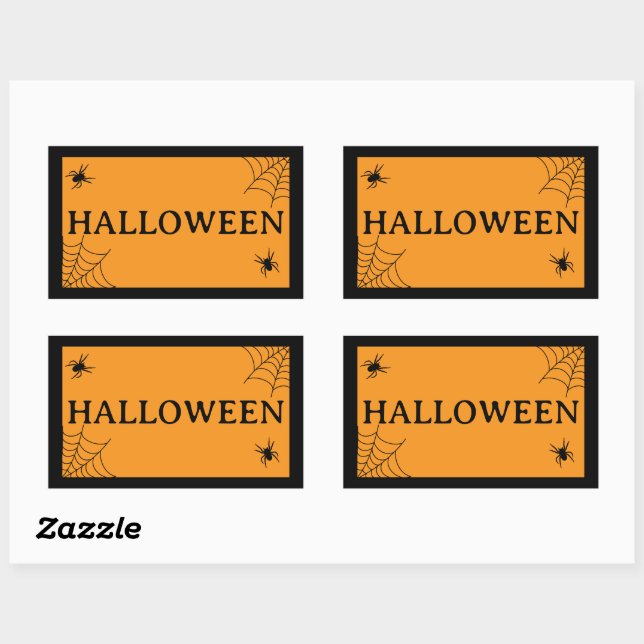 Pegatina Rectangular Palabra de Halloween de Araña Web Negro Naranja (Hoja)