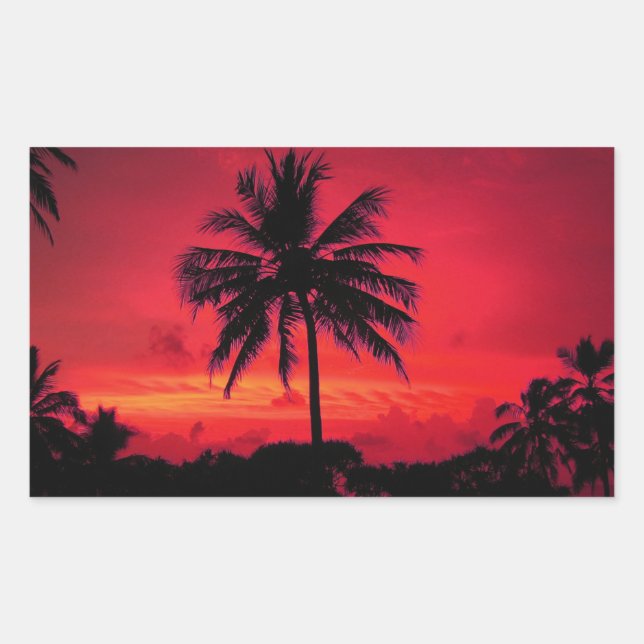 Pegatina Rectangular Palm Trees Exóticas Rojas de Hawaii Sunset (Anverso)