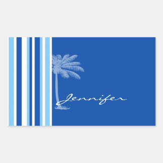 Pegatina Rectangular Palm tropical; franjas azul y blanca