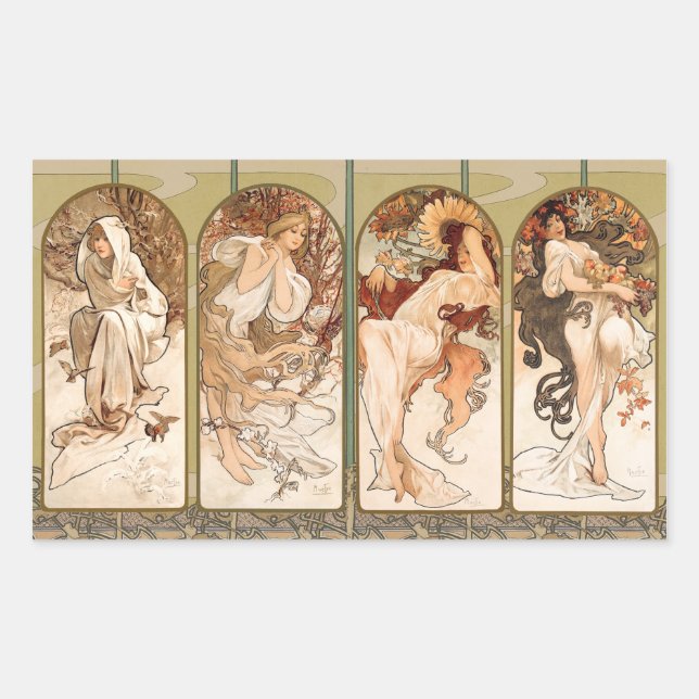 Pegatina Rectangular Panel de las Cuatro Estaciones de Alphonse Mucha,  (Anverso)