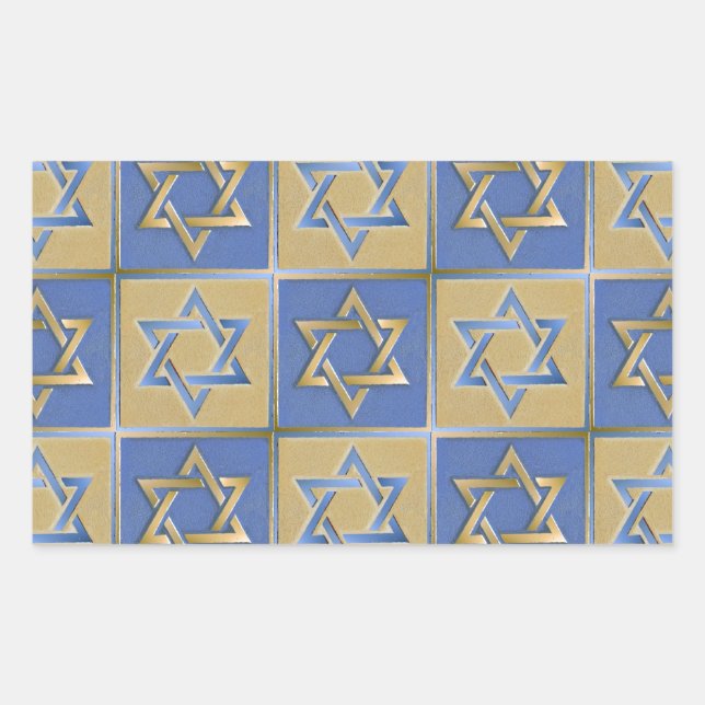 Pegatina Rectangular Paneles de Arte Estrella de David Azul Dorado (Anverso)