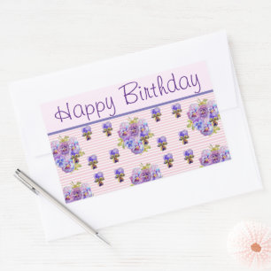 Pegatina Rectangular Pansy Flower Pink Stripe floral Feliz cumpleaños