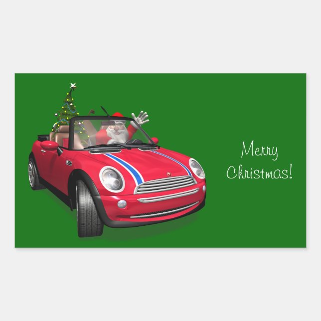 Pegatina Rectangular Papá Noel conduciendo un mini (Anverso)