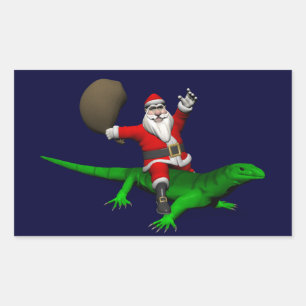 Pegatina Rectangular Papá Noel montando lagarto verde