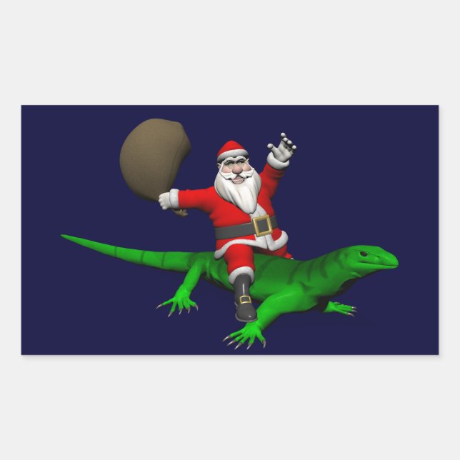 Pegatina Rectangular Papá Noel montando lagarto verde (Anverso)