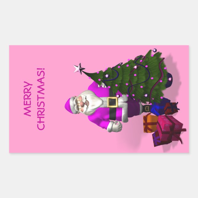 Pegatina Rectangular Papá Noel Rosado (Anverso)