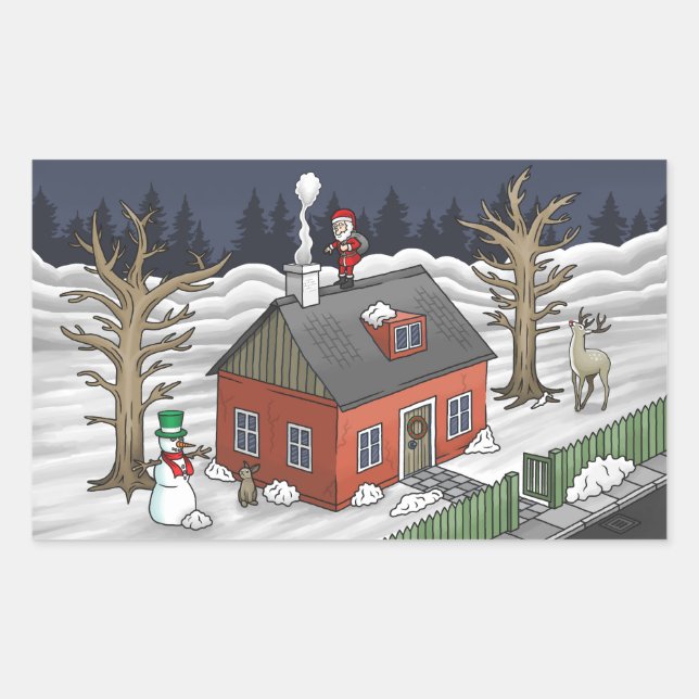Pegatina Rectangular Papá Noel y la pequeña casa roja (Anverso)