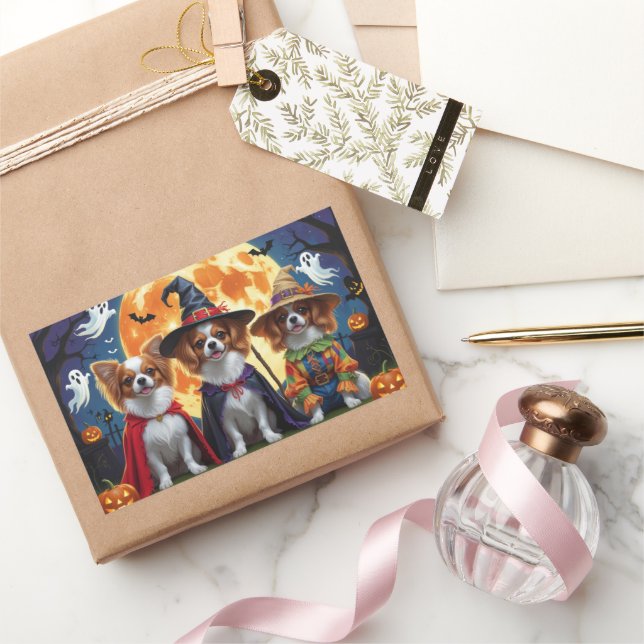 Pegatina Rectangular Papillon Dogs Calabaza Halloween Gracioso (Regalar)