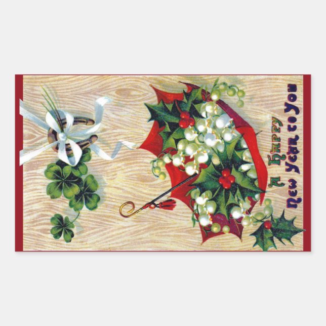 Pegatina Rectangular Paraguas rojos, Holly y Shamrock Viñage Año Nuevo (Anverso)