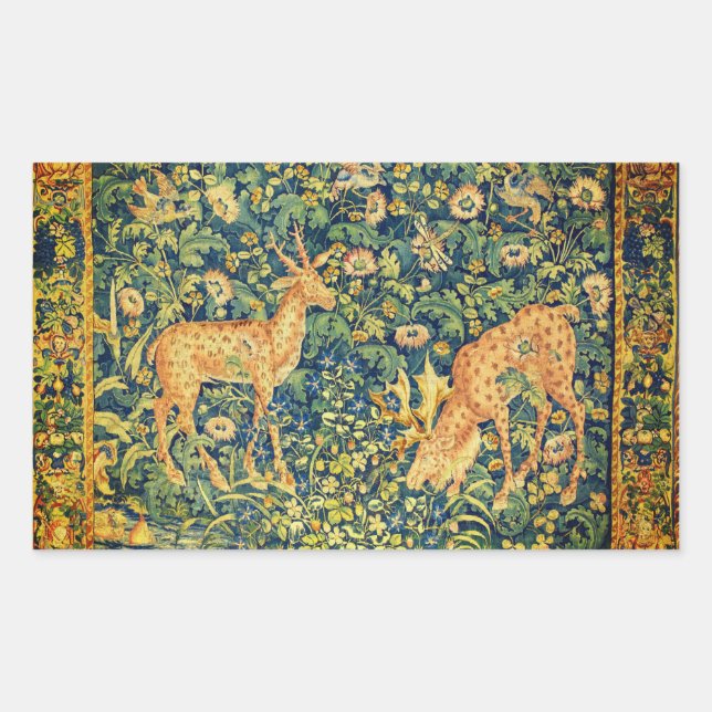 Pegatina Rectangular PAREJA DE DEER CAÍDA,FLORES DE FANTASÍA GÓTICA,Ver (Anverso)