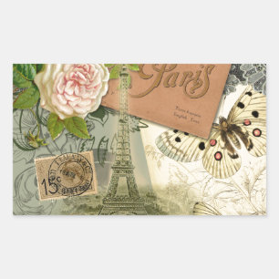 Pegatina Rectangular París Francia Collage de arte antiguo Eiffel Franc