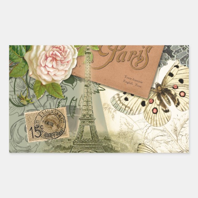 Pegatina Rectangular París Francia Collage de arte antiguo Eiffel Franc (Anverso)