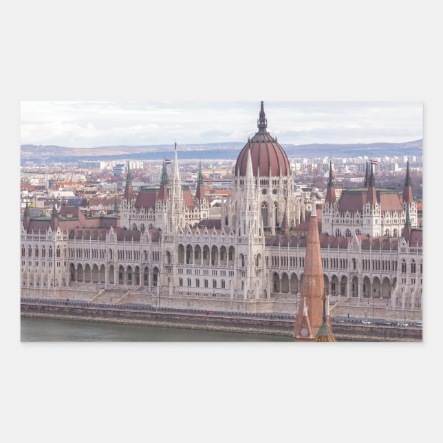 Pegatina Rectangular Parlamento húngaro Budapest por día (Anverso)