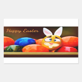 Pegatina Rectangular Pascua - "Pascua feliz" - Conejo/Huevos