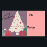Pegatina Rectangular Pastel Merry Christmas Tree & Presents<br><div class="desc">Etiqueta de regalo de origen y destino con diseño de árbol de Navidad pastel</div>