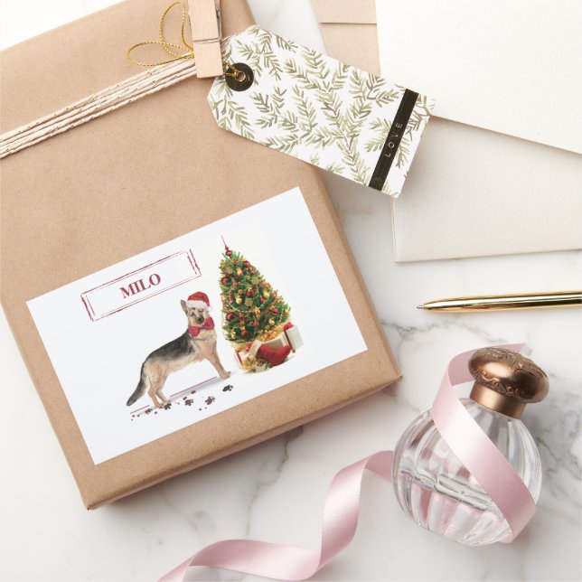 Pegatina Rectangular Pastor alemán Navidades graciosos perro con árbol (Regalar)
