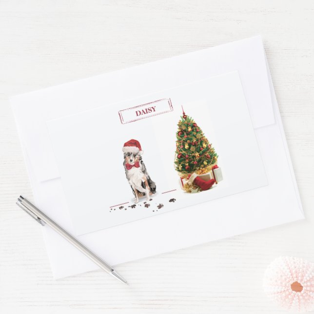 Pegatina Rectangular Pastor australiano Navidades graciosos perro con á (Sobre)