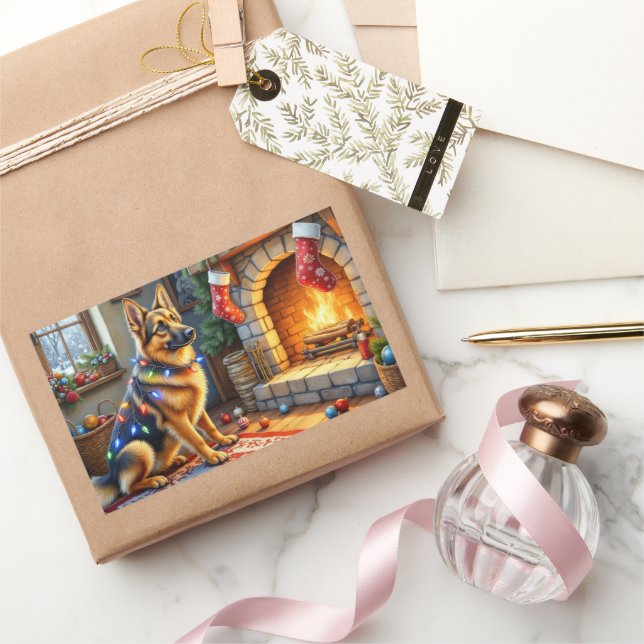Pegatina Rectangular Pastor Belga junto a chimenea con luces de Navidad (Regalar)