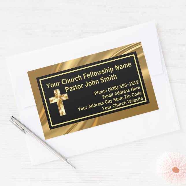Pegatina Rectangular Pastor de la Iglesia Elegante Dorado y Negro (Sobre)