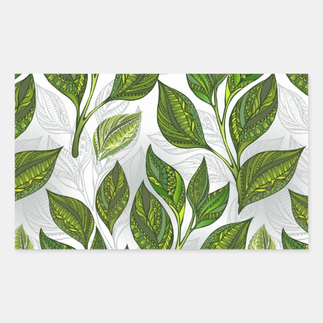 Pegatina Rectangular Patrón continuo con hojas de té verde (Anverso)
