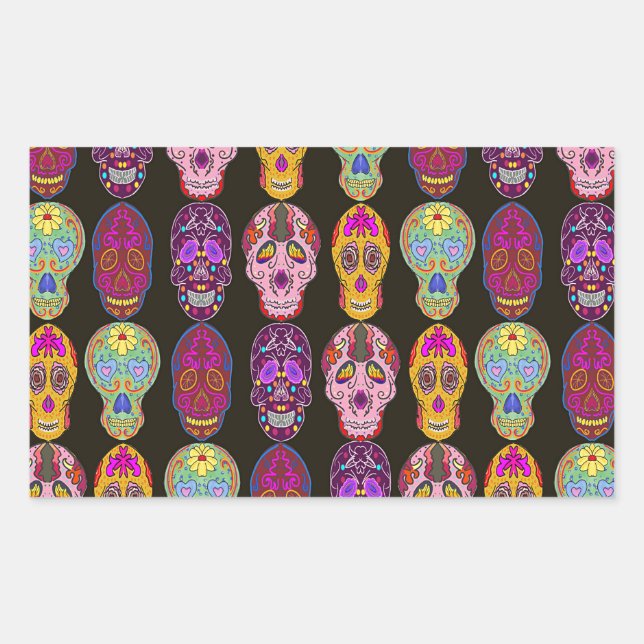 Pegatina Rectangular Patrón de calaveras azucareras en 5 estilos difere (Anverso)