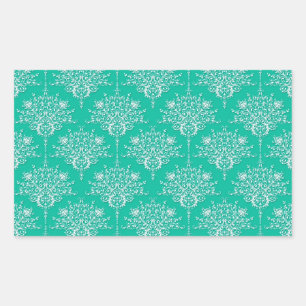 Pegatina Rectangular Patrón de Damasco en Verde Teal Mentolado y Blanco