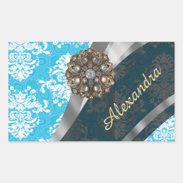 Pegatina Rectangular Patrón de damasco giratorio de bonito azul pálido  (Anverso)
