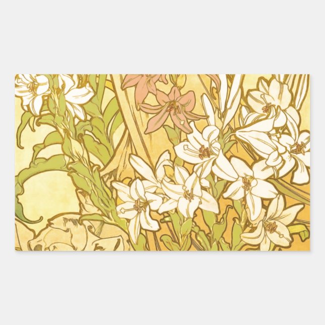 Pegatina Rectangular Patrón de flores de lirio de Alphonse Mucha: Art N (Anverso)