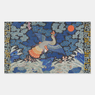 Pegatina Rectangular Patrón de grulla china vintage: azul imperial