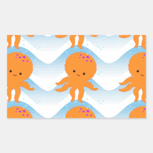 Pegatina Rectangular Patrón Octopus Y Ondas Azules naranjas