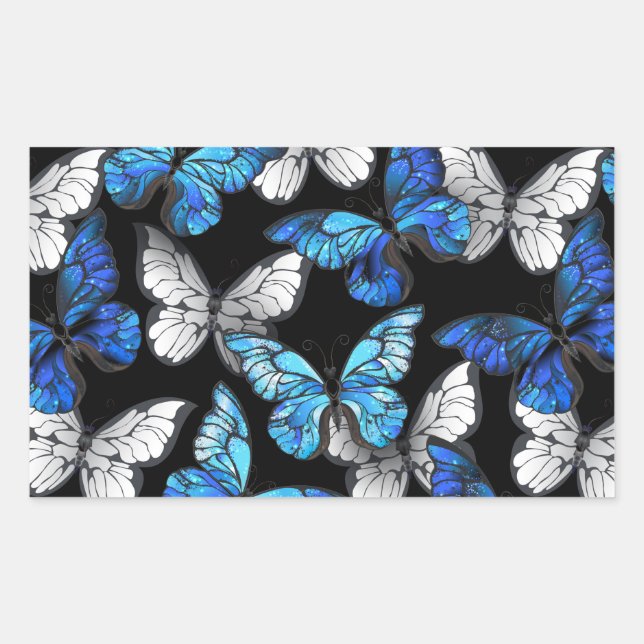 Pegatina Rectangular Patrón oscuro sin foco con mariposas azules morfo (Anverso)