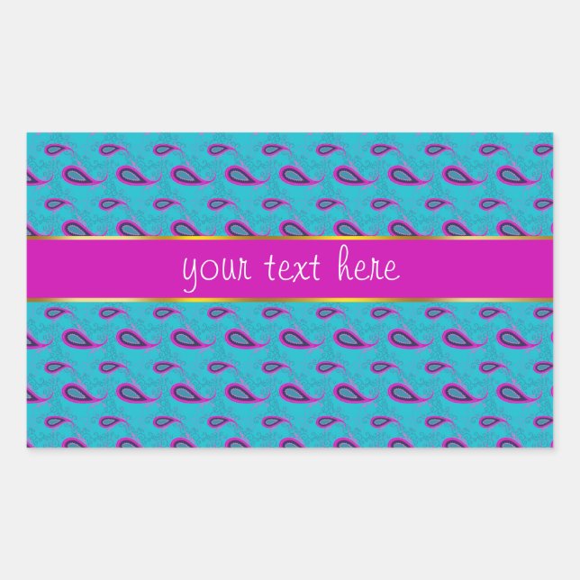 Pegatina Rectangular Patrón paisley de pavo real y magenta (Anverso)