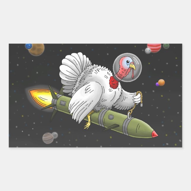 Pegatina Rectangular Pavo Cohete en el Espacio Exterior (Anverso)